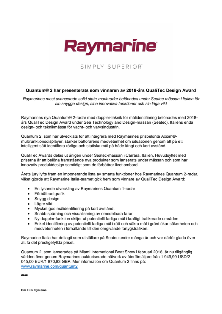 Raymarine: Quantum® 2 har presenterats som vinnaren av 2018-års QualiTec Design Award 