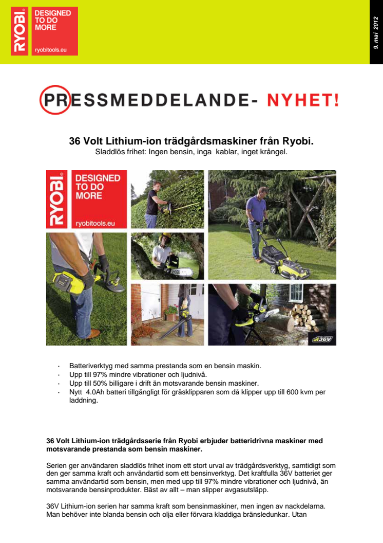 36 Volt Lithium-ion trädgårdsmaskiner från Ryobi