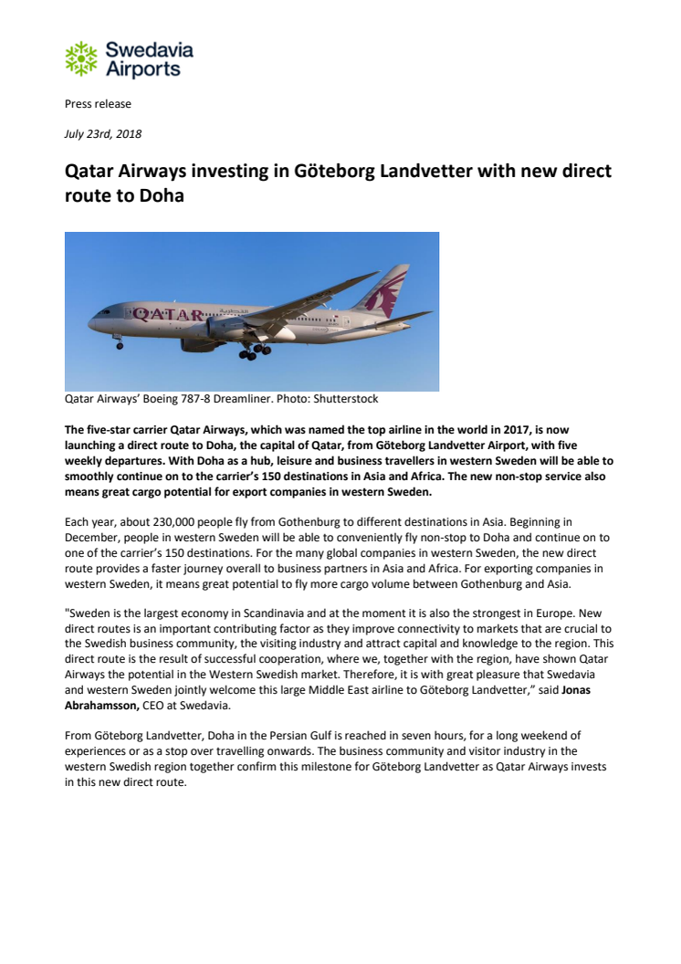 Qatar Airways investing in Göteborg Landvetter with new direct route to Doha 