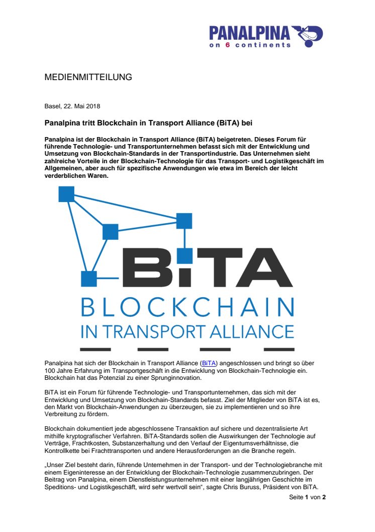 Panalpina tritt Blockchain in Transport Alliance (BiTA) bei