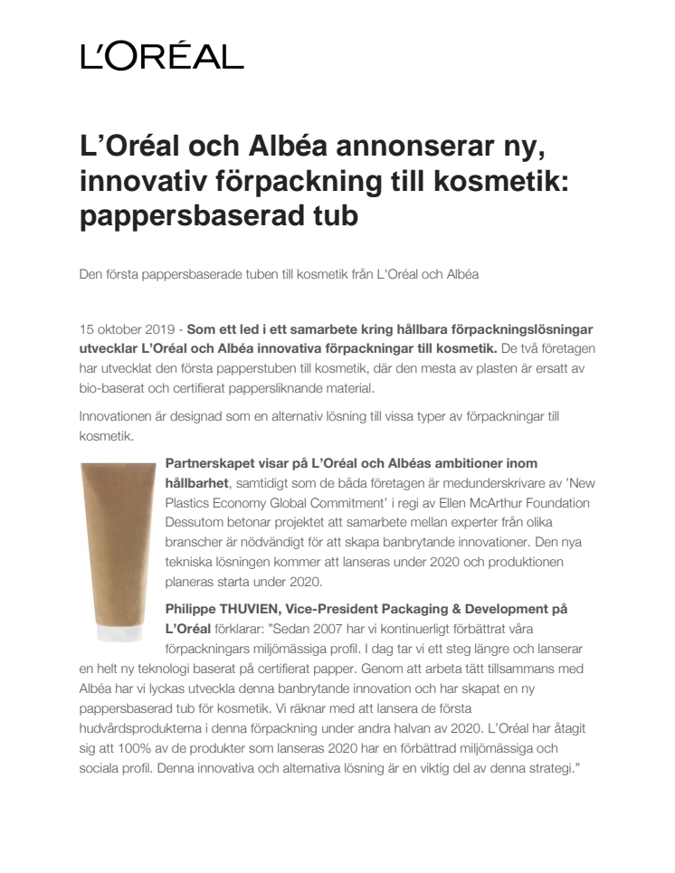 L’Oréal och Albéa annonserar ny, innovativ förpackning till kosmetik: pappersbaserad tub