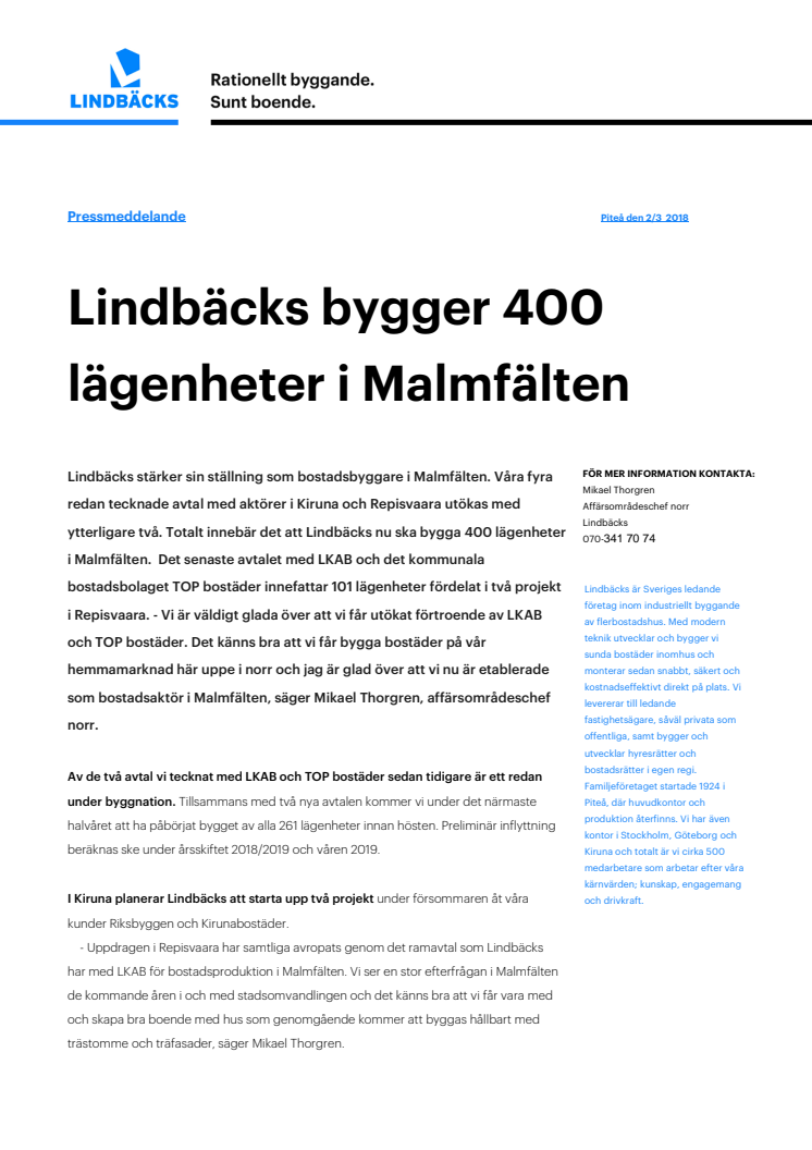 Lindbäcks bygger 400 lägenheter i Malmfälten