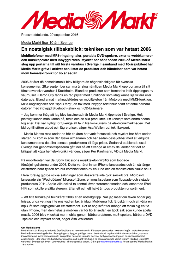 Media Markt firar 10 år i Sverige - En nostalgisk tillbakablick: tekniken som var hetast 2006