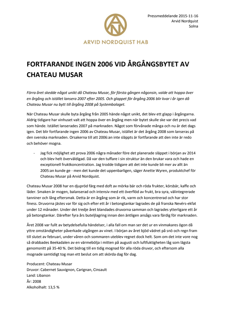 Fortfarande ingen 2006 vid årgångsbytet av Chateau Musar