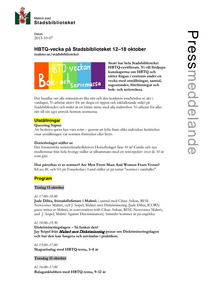 ​HBTQ-vecka på Stadsbiblioteket 12–18 oktober