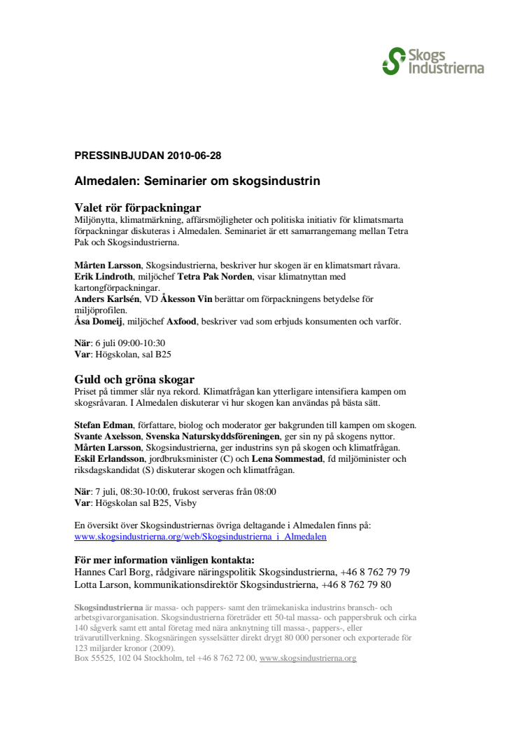 Pressinbjudan: Almedalen - Seminarier om skogsindustrin