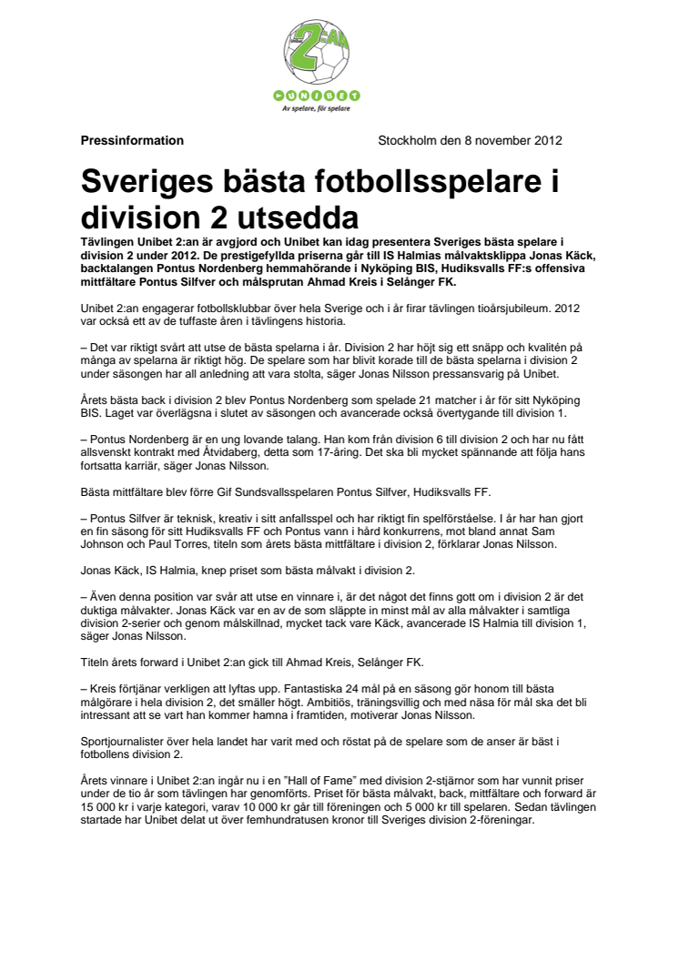 Sveriges bästa fotbollsspelare i division 2 utsedda