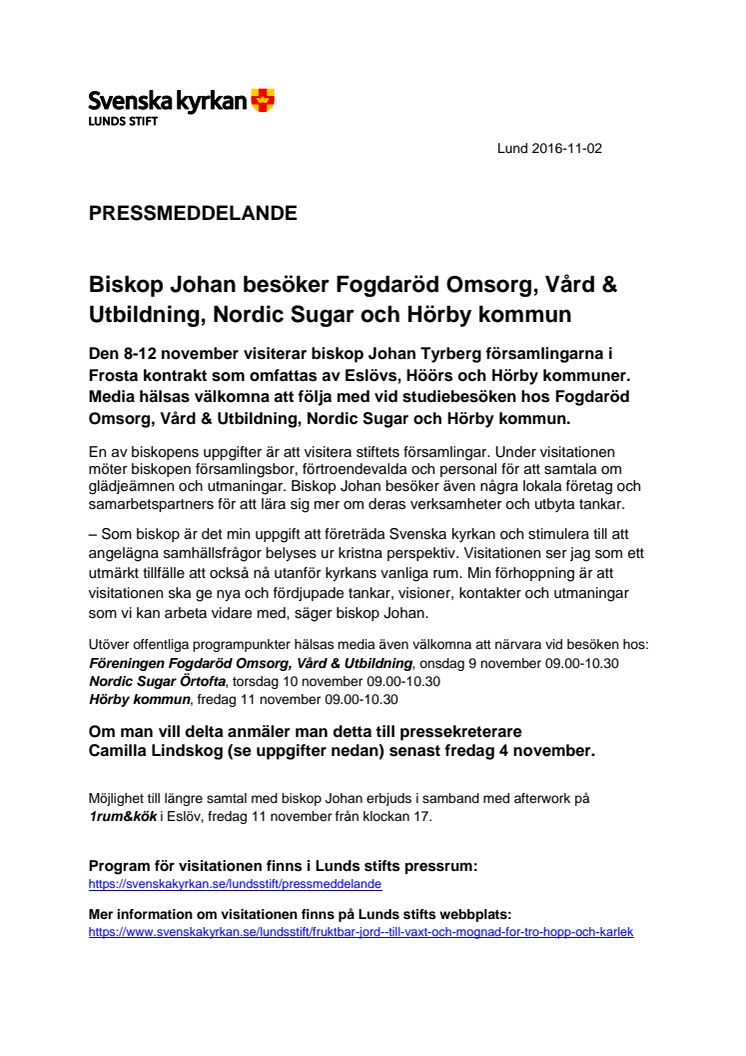 Biskop Johan besöker Fogdaröd Omsorg, Vård & Utbildning, Nordic Sugar och Hörby kommun