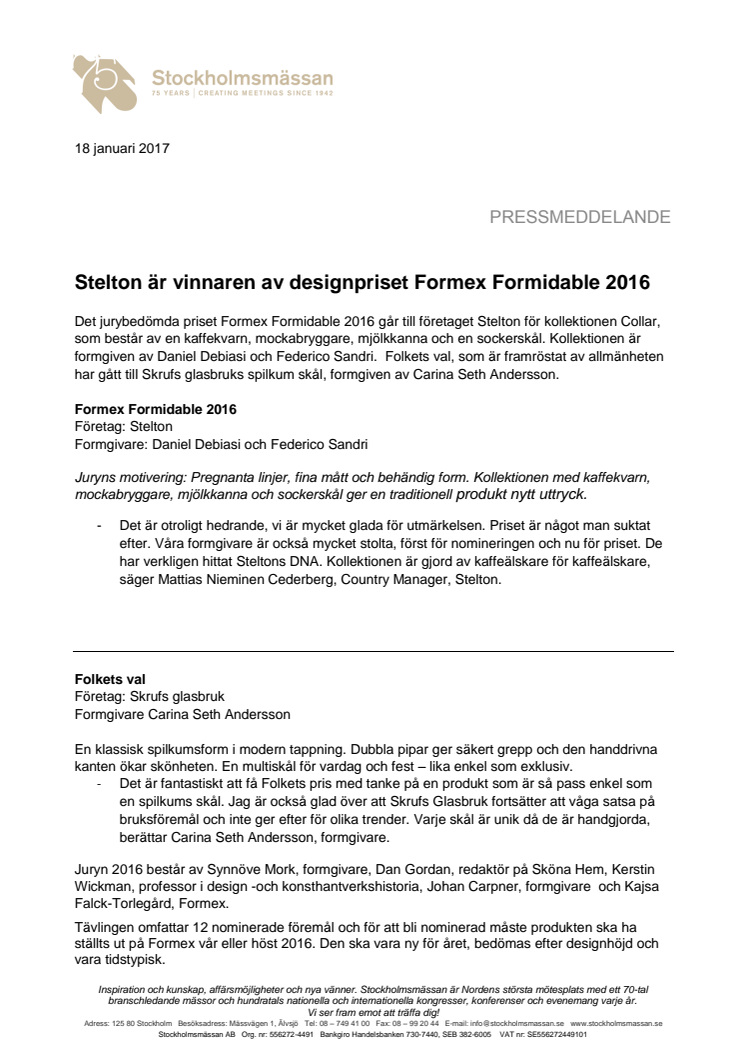 Stelton är vinnaren av designpriset Formex Formidable 2016 
