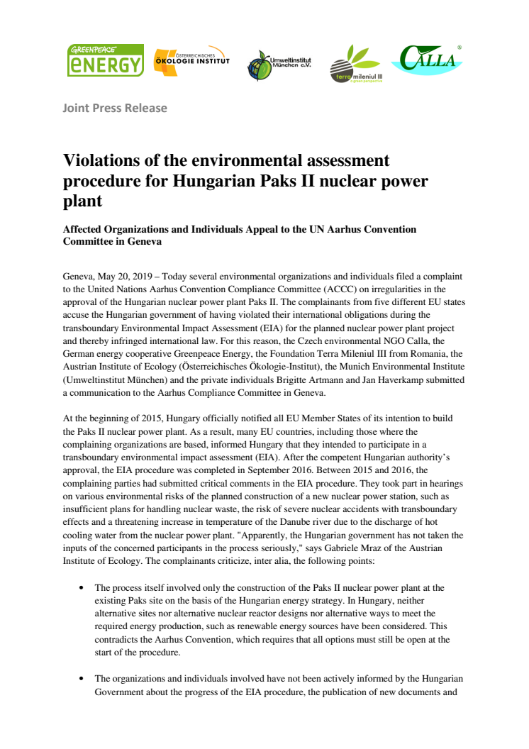 Violations of the environmental assessment procedure for Hungarian Paks II nuclear power plant