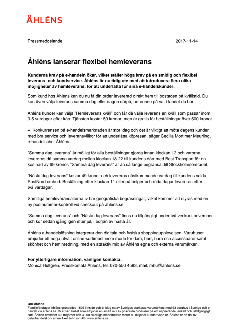 Åhléns lanserar flexibel hemleverans 