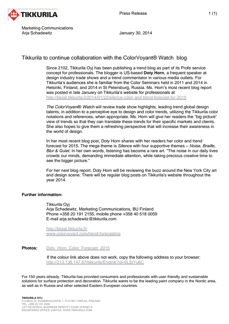 Tikkurila to continue collaboration with the ColorVoyant® Watch  blog
