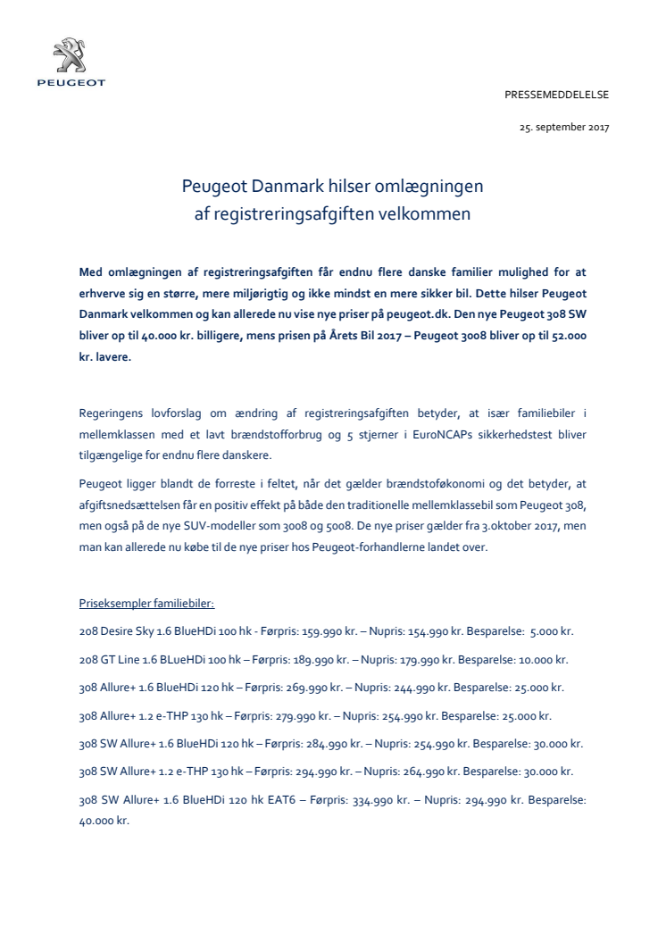 Peugeot Danmark hilser omlægningen af registreringsafgiften velkommen
