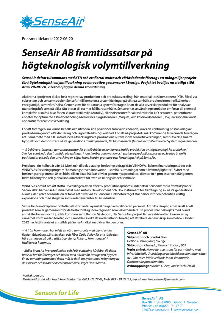 SenseAir AB framtidssatsar på högteknologisk volymtillverkning