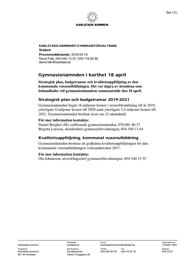 Gymnasienämnden i korthet 18 april