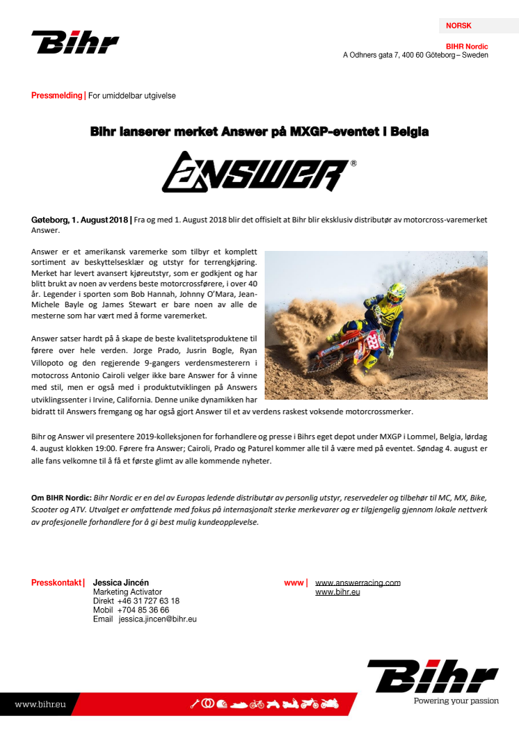 Bihr lanserer merket Answer på MXGP-eventet i Belgia
