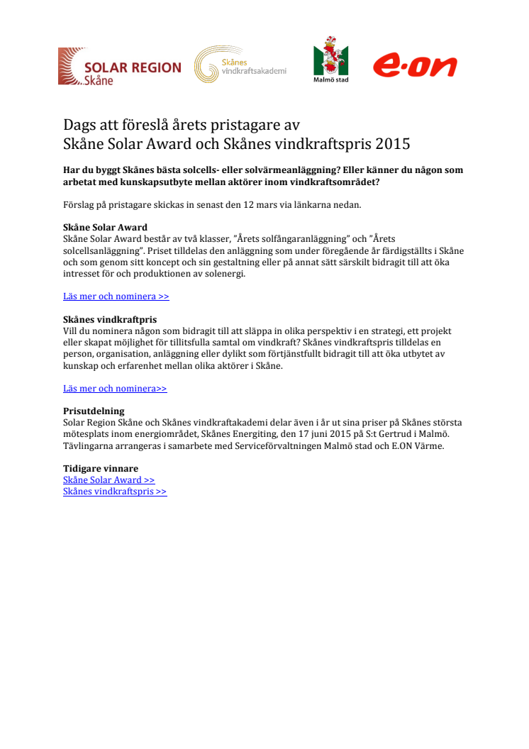 Dags att föreslå årets pristagare av Skåne Solar Award och Skånes vindkraftspris 2015