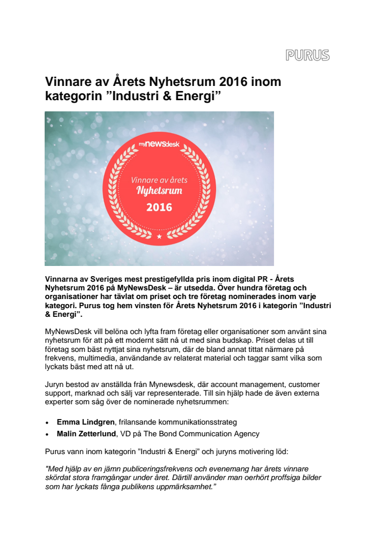 Vinnare av Årets Nyhetsrum 2016 inom kategorin ”Industri & Energi”