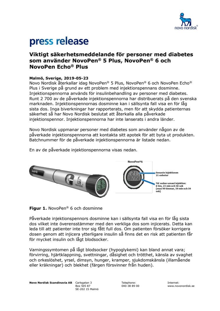 Viktigt säkerhetsmeddelande för personer med diabetes som använder NovoPen® 5 Plus, NovoPen® 6 och NovoPen Echo® Plus