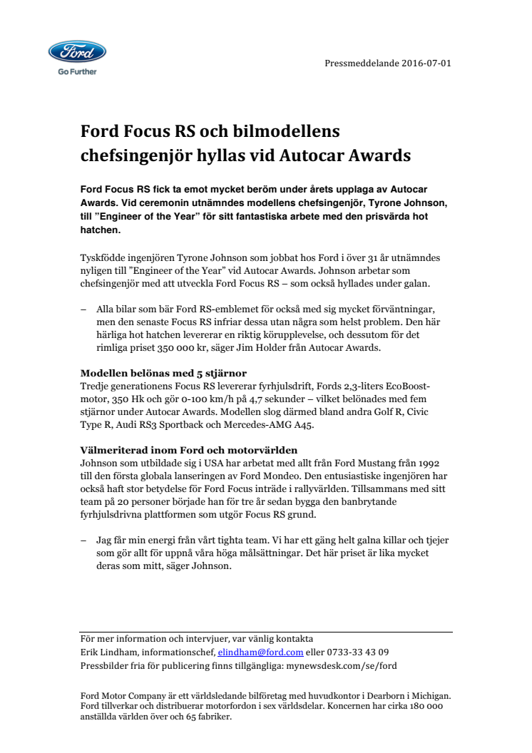 Ford Focus RS och bilmodellens chefsingenjör hyllas vid Autocar Awards