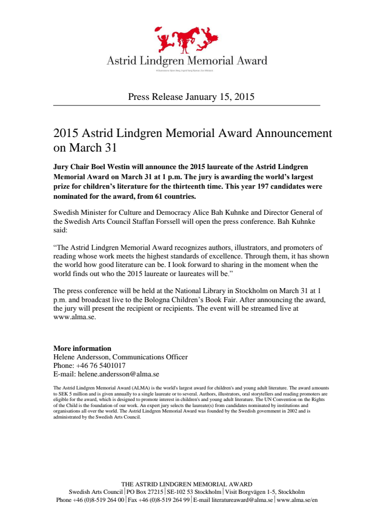 2015 Astrid Lindgren Memorial Award Announcement on March 31