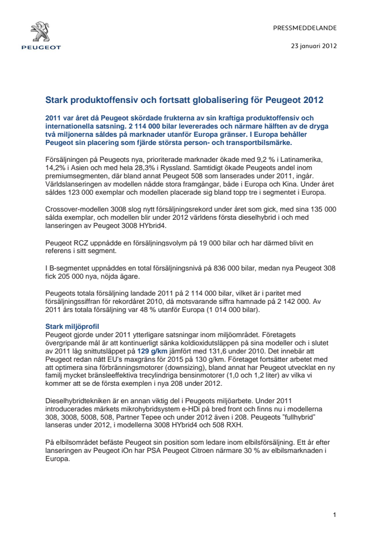 Stark produktoffensiv och fortsatt globalisering för Peugeot 2012