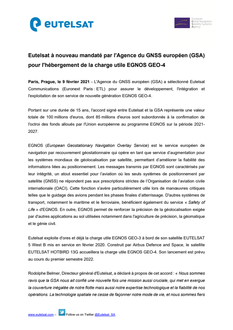 Eutelsat à nouveau mandaté par l'Agence du GNSS européen (GSA) pour l'hébergement de la charge utile EGNOS GEO-4 