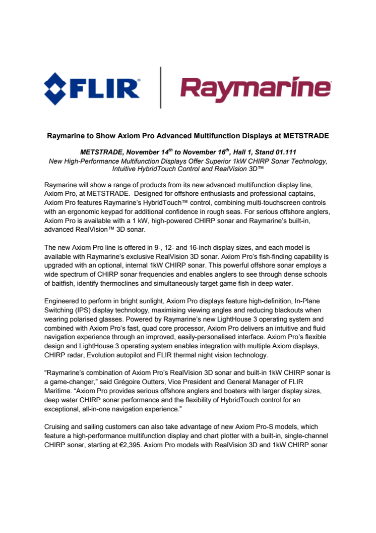 Raymarine - METSTRADE Press Kit - Press Release #2