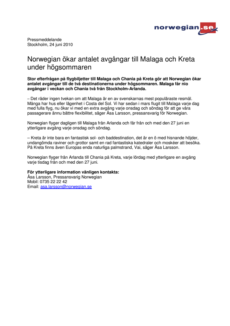 Norwegian ökar antalet avgångar till Malaga och Kreta under högsommaren