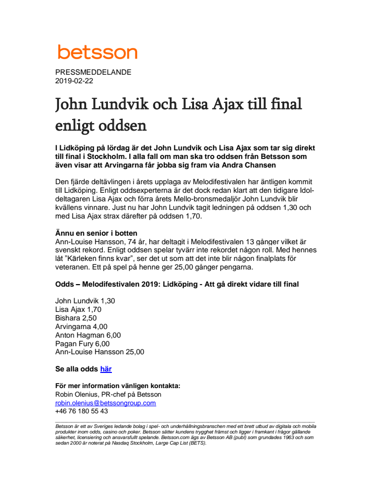 John Lundvik och Lisa Ajax till final enligt oddsen