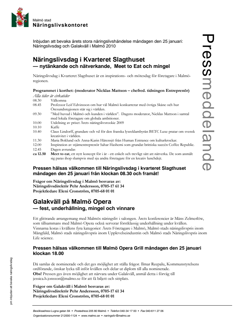 Påminnelse - Inbjudan att bevaka årets stora näringslivshändelse måndagen den 25 januari: 