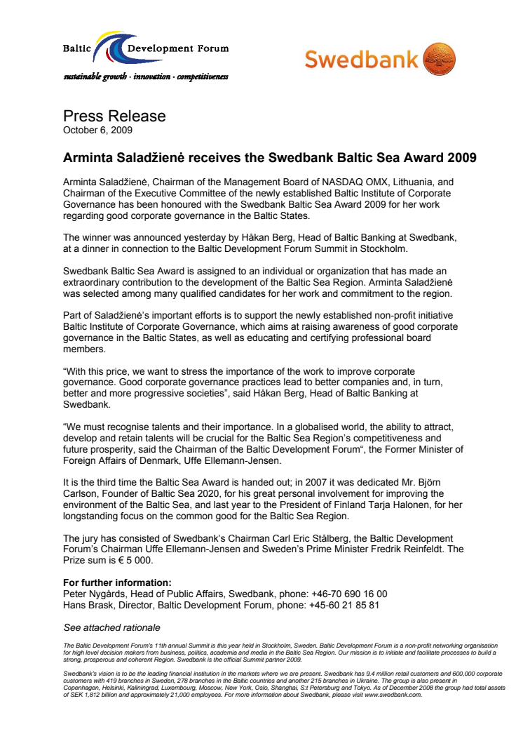 Swedbank Baltic Sea Award 2009 Press release English
