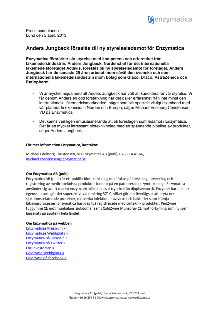 Anders Jungbeck föreslås till ny styrelseledamot för Enzymatica