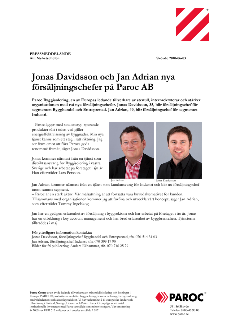 Jonas Davidsson och Jan Adrian nya försäljningschefer på Paroc AB