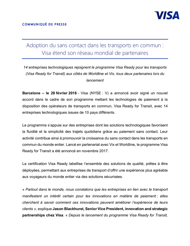 Adoption du sans contact dans les transports en commun : Visa étend son réseau mondial de partenaires