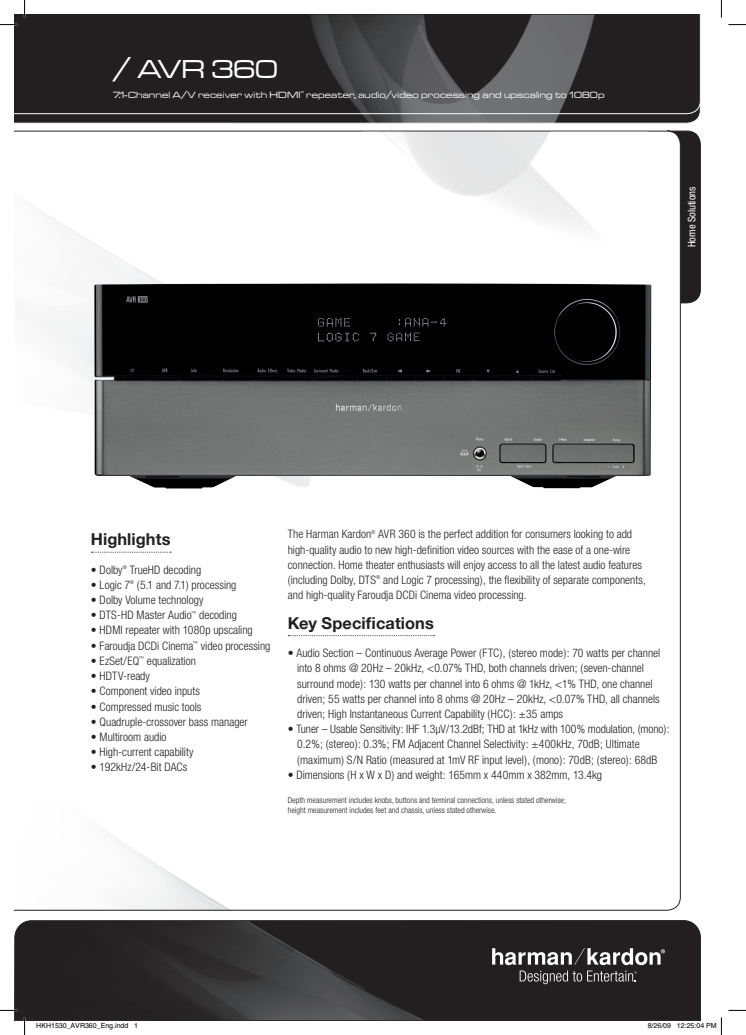 Harman kardon AVR 360 specifikation