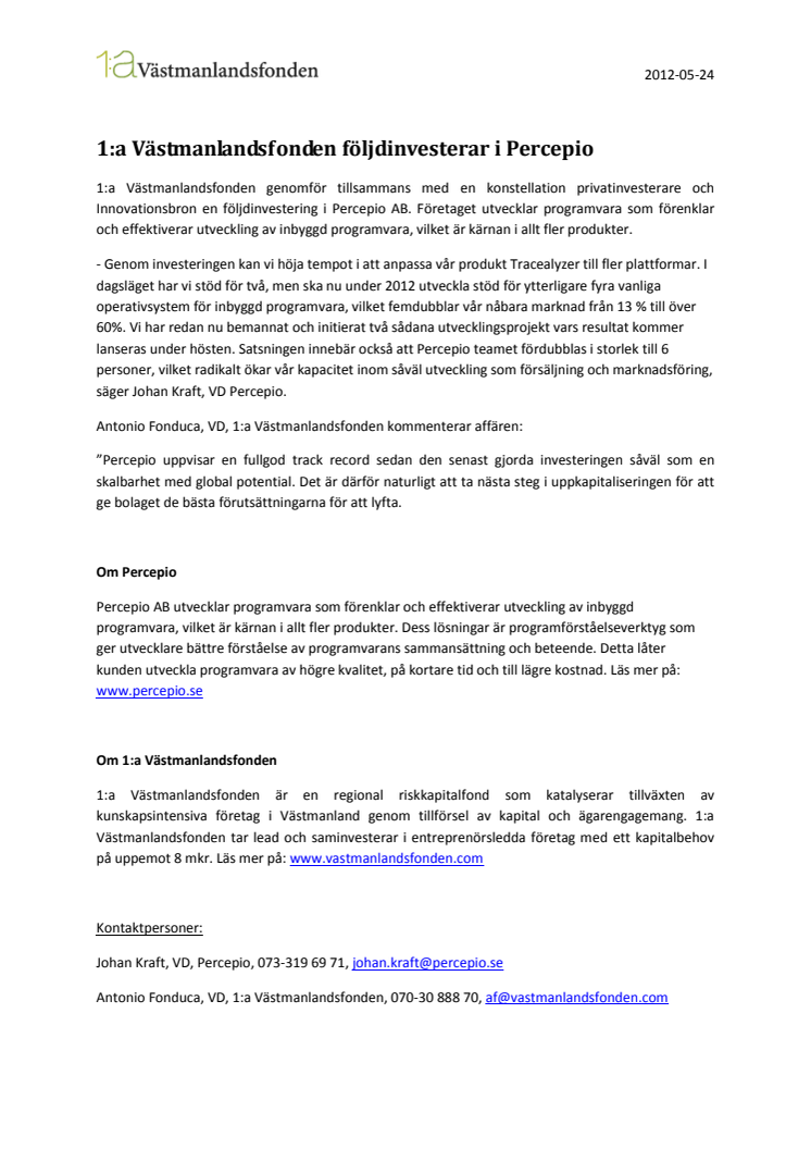 1:a Västmanlandsfonden följdinvesterar i Percepio