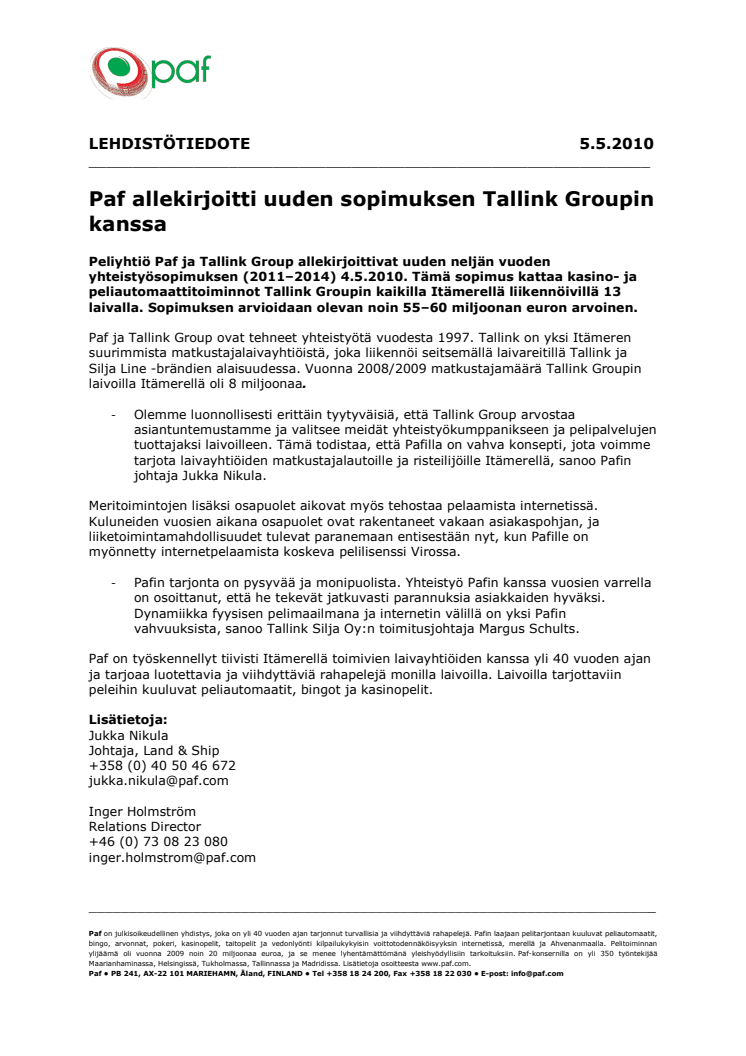 Paf allekirjoitti uuden sopimuksen Tallink Groupin kanssa