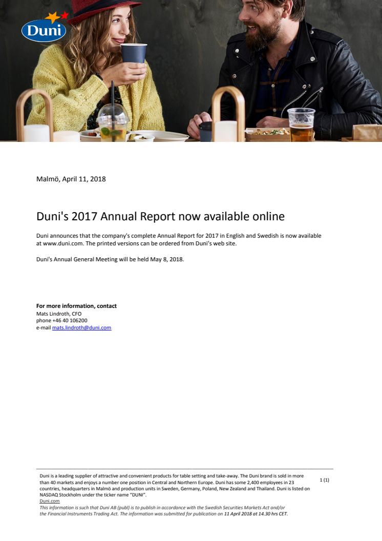 Duni's 2017 Annual Report now available online