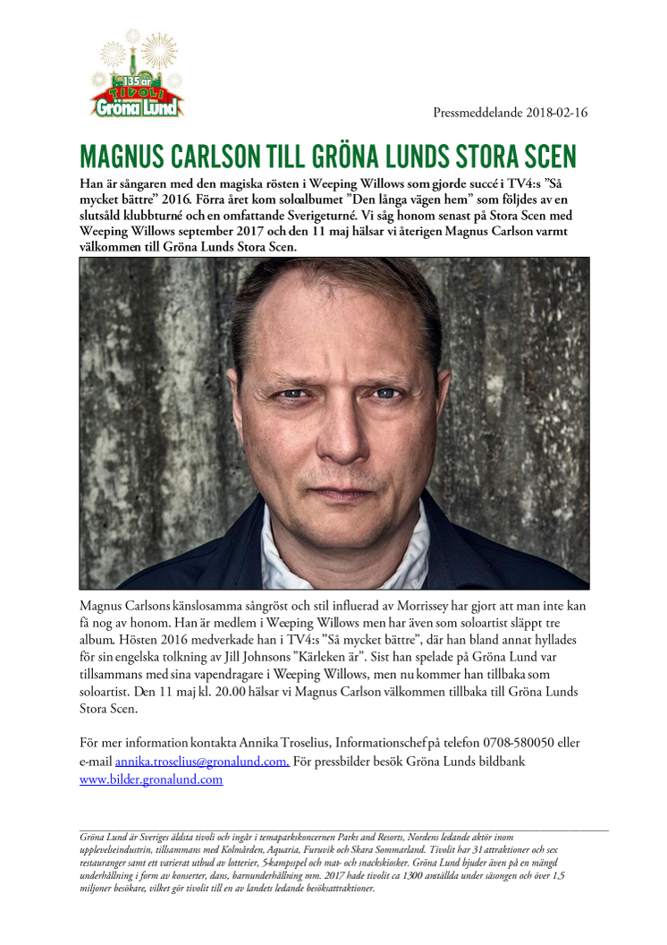Magnus Carlson till Gröna Lunds Stora Scen