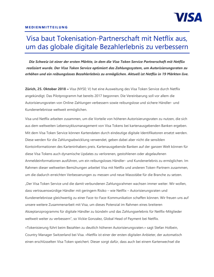 Visa baut Tokenisation-Partnerschaft mit Netflix aus, um das globale digitale Bezahlerlebnis zu verbessern