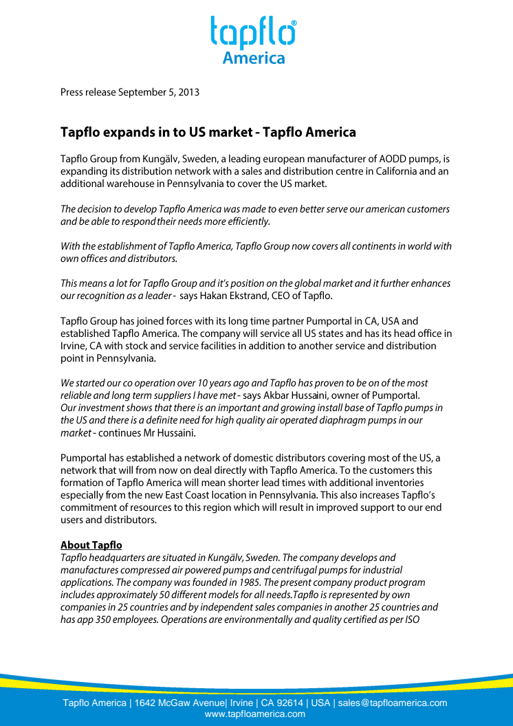 Tapflo expands into US market - Tapflo America