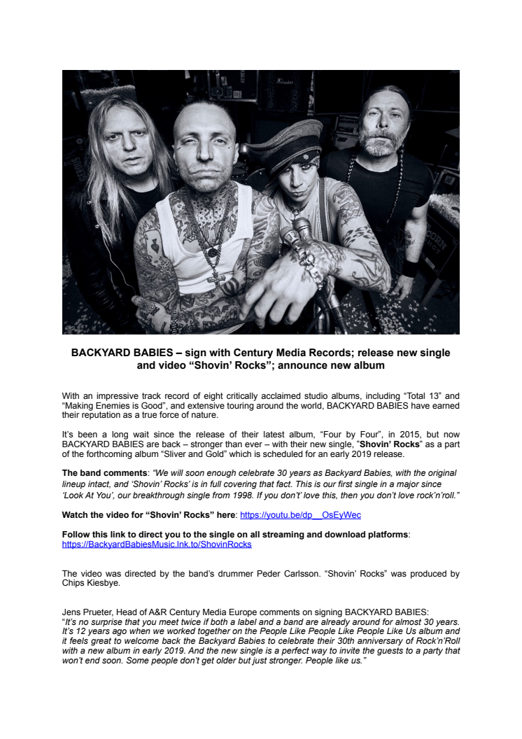 BACKYARD BABIES - signar med Century Media Records och släpper nya singeln "Shovin' Rocks"