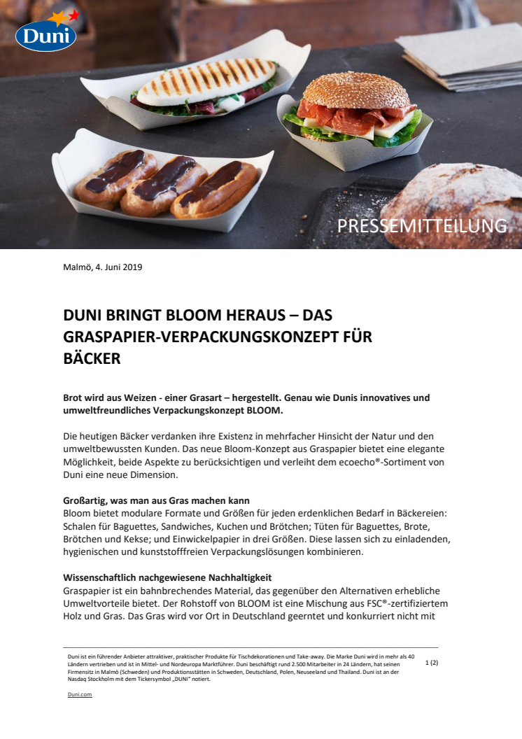 DUNI BRINGT BLOOM HERAUS – DAS GRASPAPIER-VERPACKUNGSKONZEPT FÜR BÄCKER 