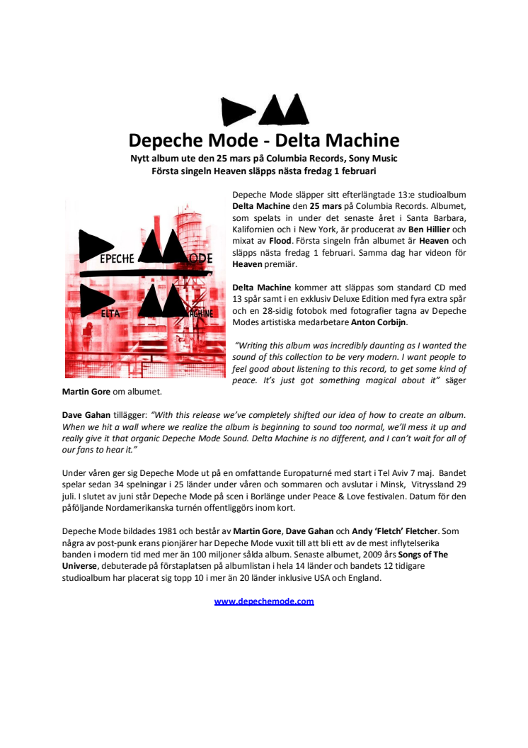 Depeche Mode släpper nya albumet Delta Machine den 25 mars 