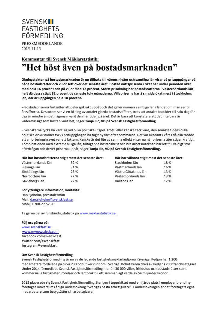 Kommentar till Svensk Mäklarstatistik: ”Het höst även på bostadsmarknaden”
