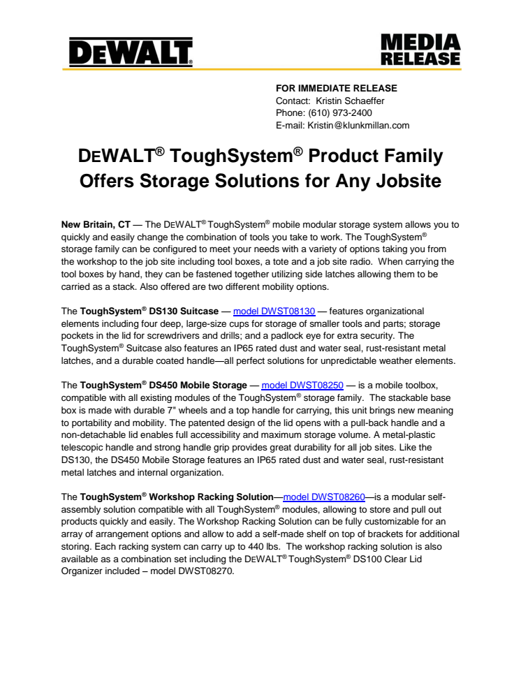 DEWALT® ToughSystem® Product Family Offers Storage Solutions for Any Jobsite
