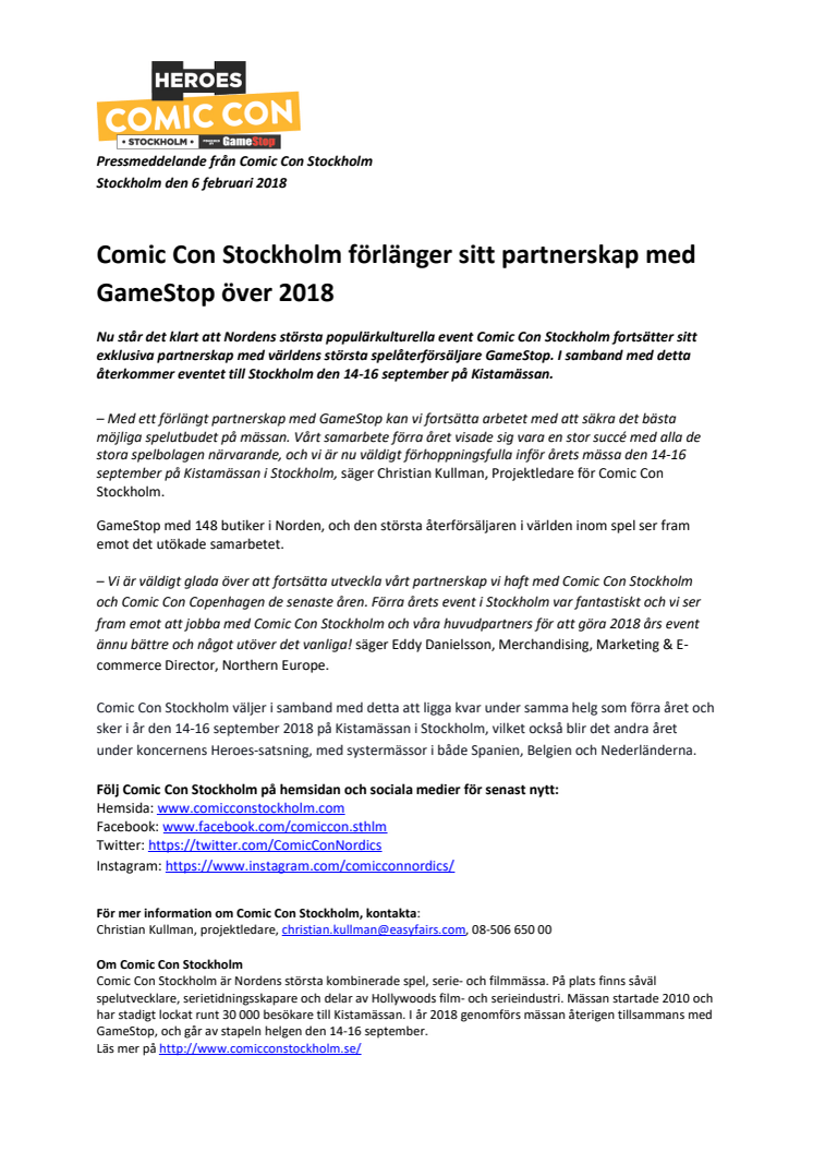 ​Comic Con Stockholm förlänger sitt partnerskap med GameStop över 2018