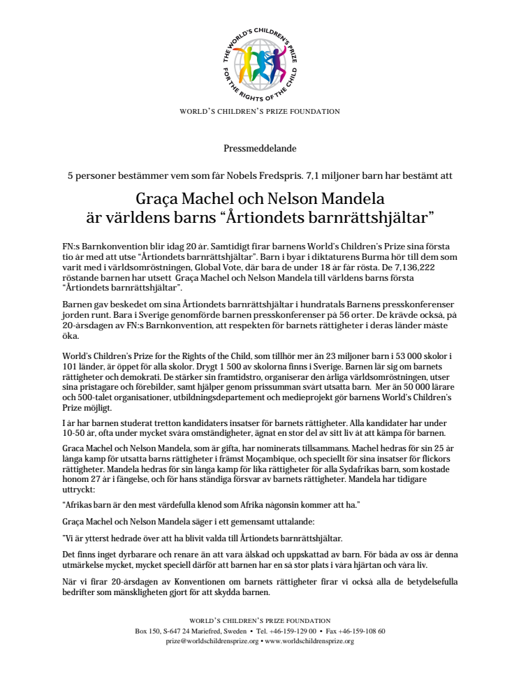 Graça Machel och Nelson Mandela är årtiondets barnrättshjältar