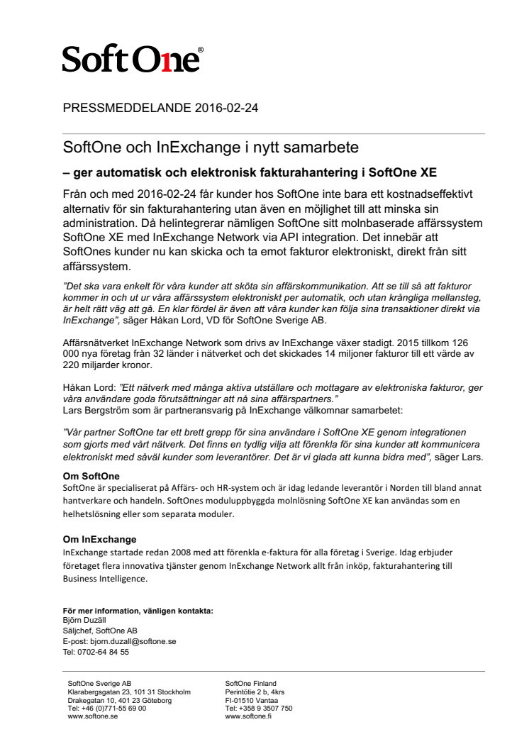 SoftOne och InExchange i nytt samarbete  – ger automatisk och elektronisk fakturahantering i SoftOne XE